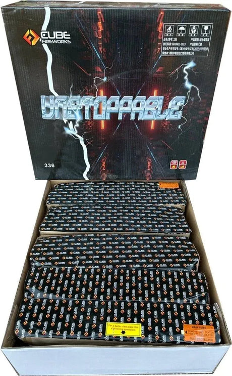 Unstoppable 228-shot compound cake by Cube Fireworks in open packaging, showcasing multiple tubes for a powerful fireworks display.
