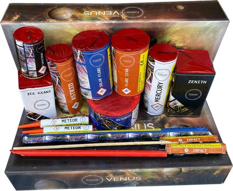 Venus Box 13-piece low-noise firework selection with colourful rockets and fountains, ideal for back garden celebrations with children.