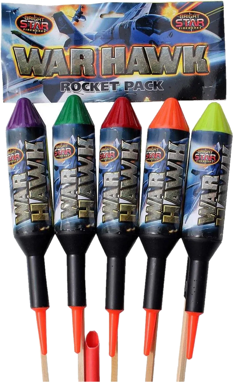 War Hawks 5-pack of 1.3G firework rockets by Bright Star, showing colourful cone tops and packaging