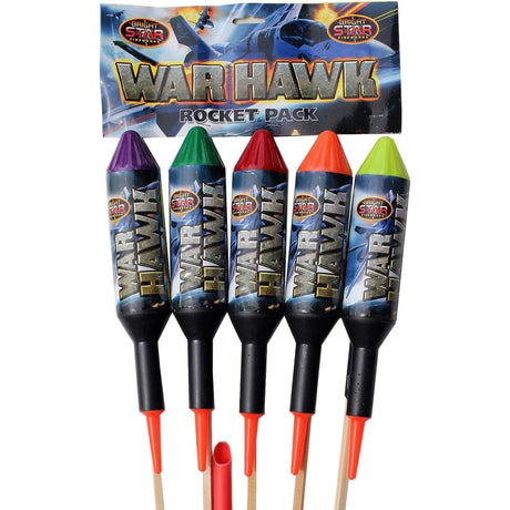 War Hawks 5-pack of 1.3G rockets by Bright Star, showing colourful cone tops and packaging