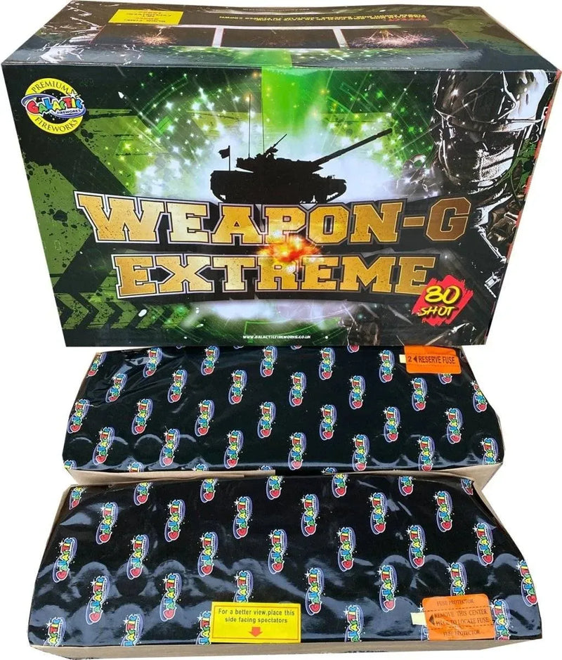 Weapon G Extreme Compound Cake by Galactic Fireworks, 80-shot firework box with military-themed packaging, ideal for large party displays.