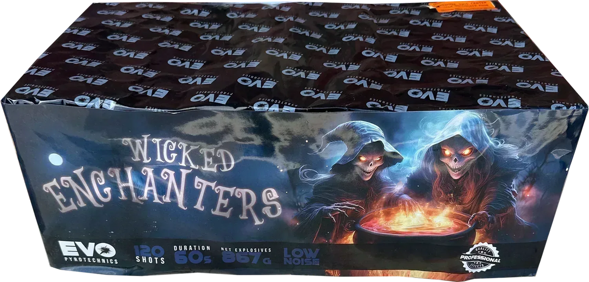 Wicked Enchanters 120 shot single ignition barrage by Evo Fireworks.