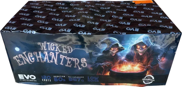 Wicked Enchanters 120 shot single ignition barrage by Evo Fireworks.