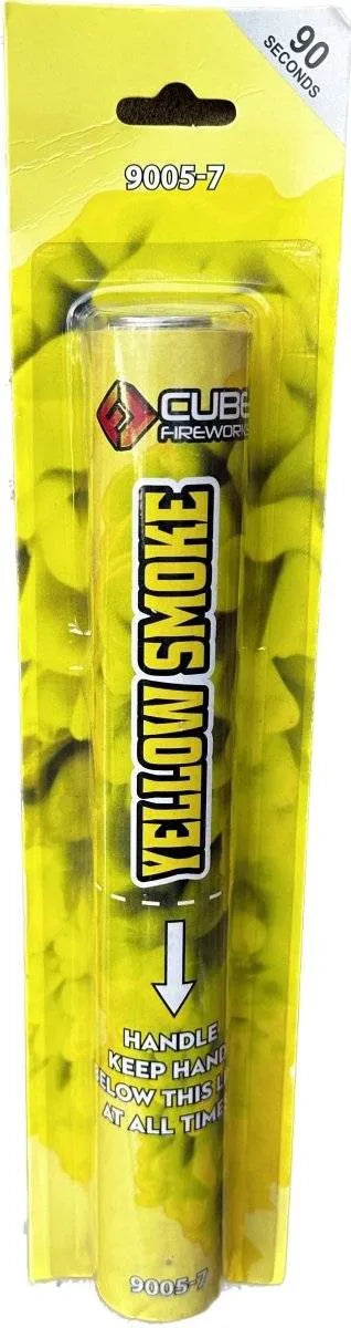 Yellow Handheld Smoke Grenade by Cube Fireworks in retail packaging, labeled for 90 seconds of bold yellow smoke effect.