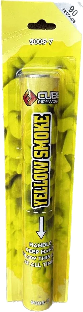 Yellow Handheld Smoke Grenade by Cube Fireworks, warm yellow wire-pull smoke, 60–90 seconds