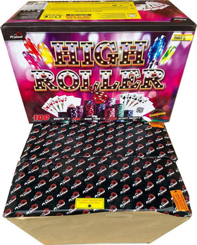 High Roller Compound by Primed Pyrotechnics, a 100-shot firework box with poker-themed packaging, sold by Galactic Fireworks.