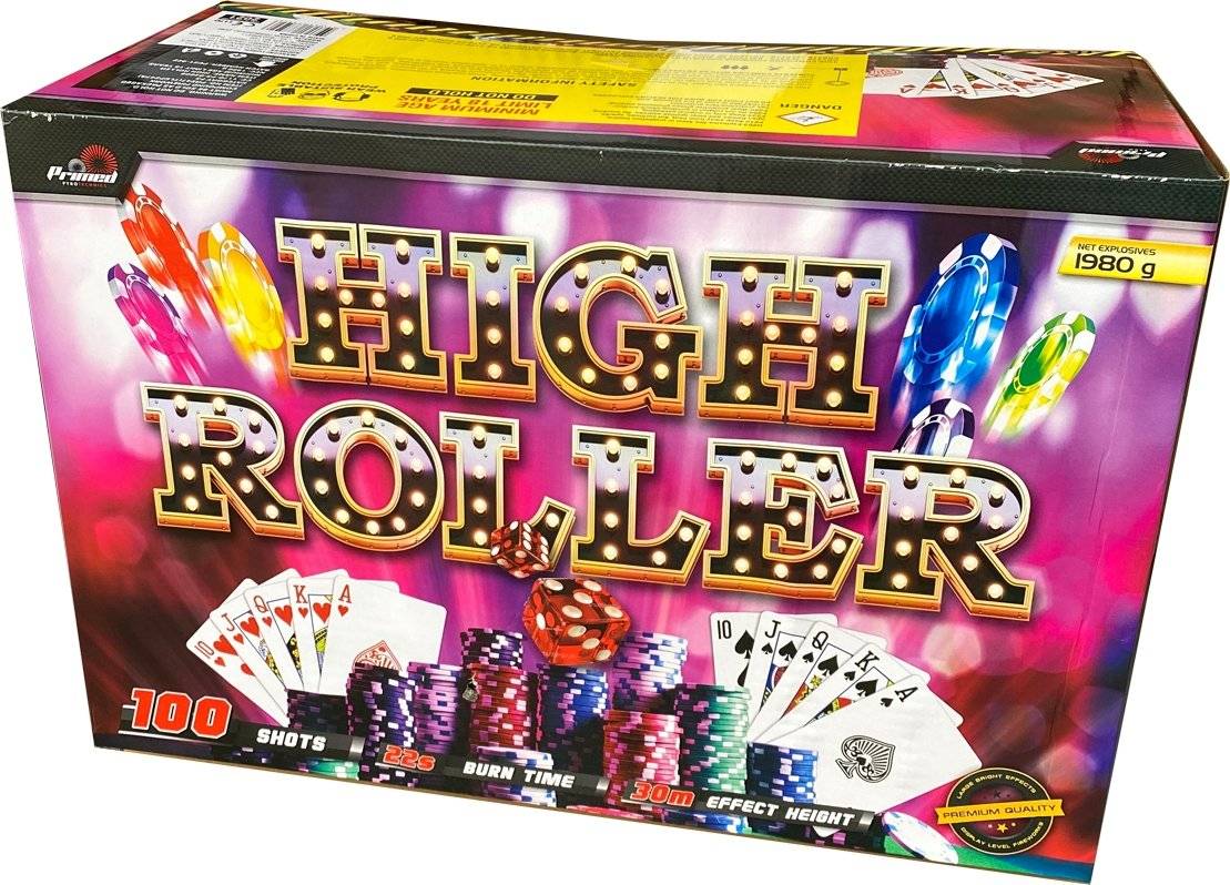 Close-up of High Roller Compound firework packaging featuring poker chips and cards, 100 shots, 25s burn time, from Primed Pyrotechnics.