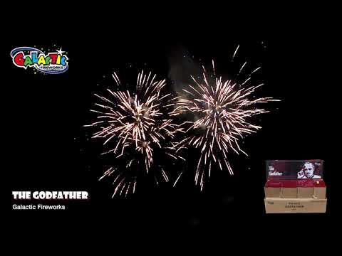 Godfather 164-shot compound cake by Primed Pyrotechnics in action, showcasing vibrant fanned firework bursts in the night sky.