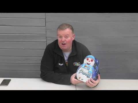 Presenter showcasing Frosty The Snowman Fountain by Cube Fireworks, highlighting its festive design and family-friendly firework appeal.