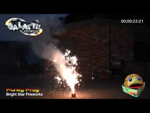 Funky Frog fountain firework in action, emitting bright sparks and crackling effects, perfect for outdoor family entertainment.