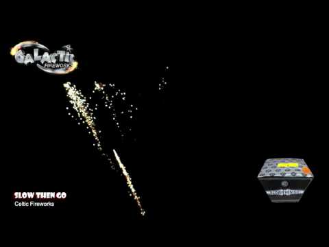 Slow Then Go firework displaying wide fan of neon crossette stars and crackle.