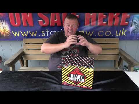 Presenter showcasing the Heavy Hitter Cake by Primed Pyrotechnics on a review bench, highlighting its features for party and celebration fireworks.