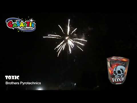 Toxic Cake by Brothers Pyrotechnics in action, launching 19 shots of colorful fireworks into the night sky, ideal for garden parties and events.