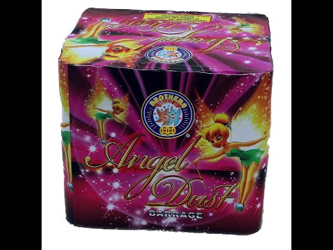 Colorful packaging of Angel Dust by Brothers Pyrotechnics featuring a fairy design, showcasing a 20-shot low-noise firework cake for parties.