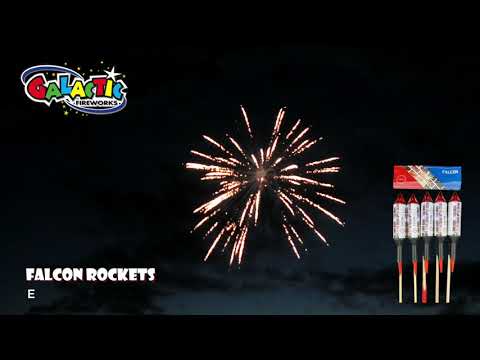 Falcons rockets by Primed Pyrotechnics exploding in the night sky with bright golden sparks, perfect for loud and spectacular firework displays.