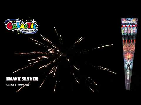 Hawk Slayer | Pack of 5 Loud, Powerful Rockets by Black Panther shown in action with bright golden bursts lighting up the night sky.