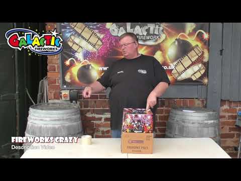 Fireworks Crazy 100-shot cake by Brothers Pyrotechnics shown in a product demo at Galactic Fireworks, highlighting size and packaging details.