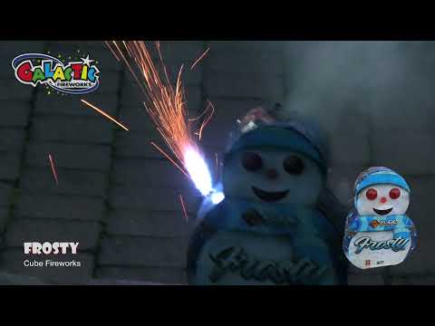 Frosty The Snowman Fountain by Cube Fireworks in action, emitting bright sparks for a magical winter display during holiday events.