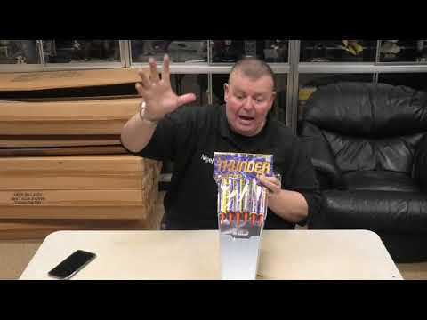 Man presenting Thunder Rockets 6 pack, emphasizing loud titanium salute fireworks for party and celebration use.