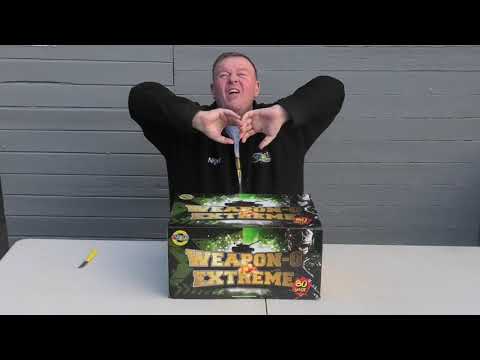 Demonstration of Weapon G Extreme Compound Cake by Galactic Fireworks, showing product size and setup before ignition for party use.