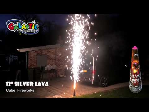 13" Silver Lava Fountain by Cube Fireworks in action, emitting a 20-foot plume of silver sparks, perfect for outdoor celebrations and events.