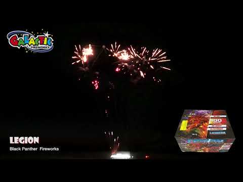 Legion by Black Panther Fireworks in action, showcasing vibrant aerial bursts and fanned effects during a nighttime fireworks display.