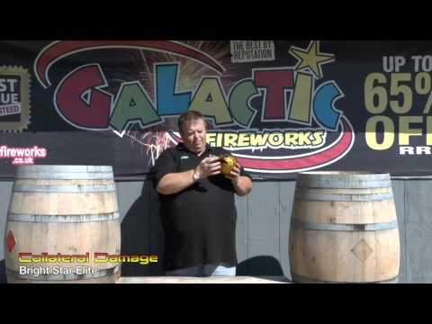 Presenter holding Funky Frog fountain firework by Bright Star at Galactic Fireworks display area, showcasing party fireworks options.