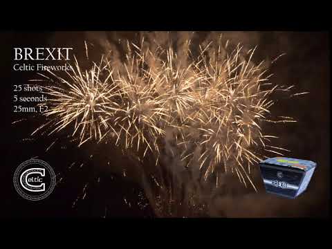 Golden willow fireworks burst in night sky from Brexit 25-shot cake by Celtic Fireworks, ideal for dramatic party finales or openers.