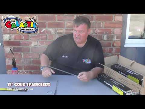 Man demonstrating 17" Gold Sparklers by Evolution Fireworks in a product video, showcasing size and features for party use.