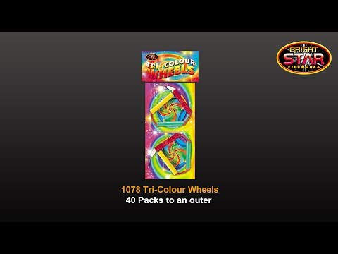Tri Colour Wheels | Twin Pack Spinning Wheels by Bright Star shown in retail packaging with 40 packs per outer, perfect for fireworks retailers.