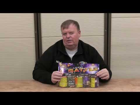 Man holding Galactic Battle firework cake pack by Bright Star, showcasing 5 vibrant 18-shot fireworks ideal for garden parties and festive events.