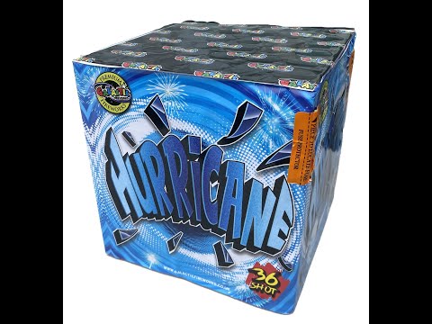 Hurricane by Evolution 36-shot firework cake featuring red and gold bursts, shown in vibrant retail packaging for celebration events.