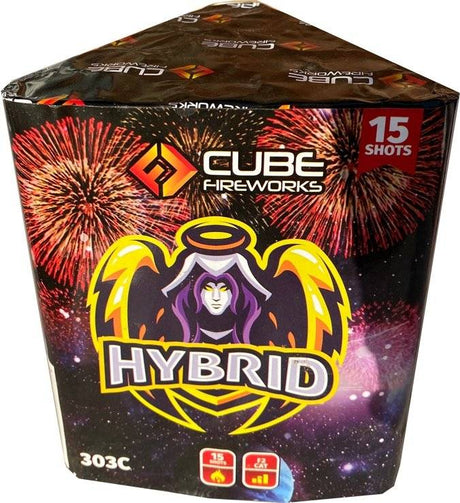 Hybrid Cake by Cube Fireworks in Spooky Series packaging, featuring 15-shot garden display with vibrant label and cosmic-themed design.