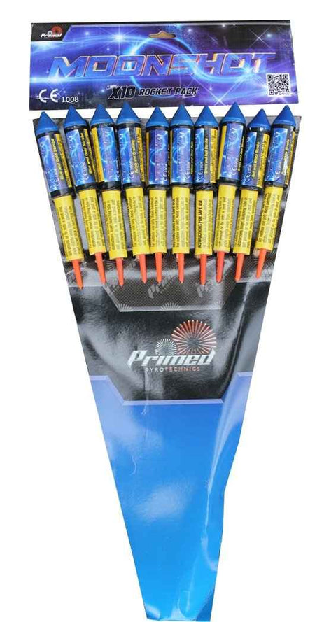 Moonshot Rockets pack of 10 by Primed Pyrotechnics featuring colourful 1.3G fireworks.
