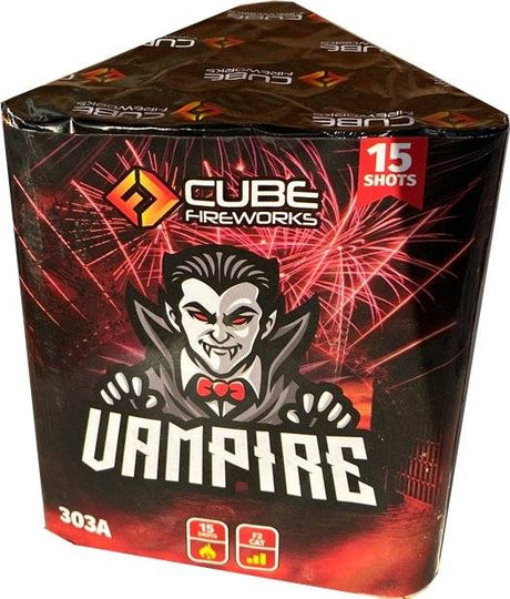 Vampire Cake by Cube Fireworks features a spooky vampire design and 15-shot display, ideal for Halloween garden celebrations and night parties.